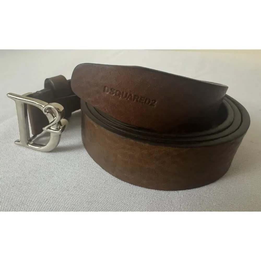 New Dsquared2 Brown Leather Silver Statement Plaque Belt Size 105cm/40” $395.00